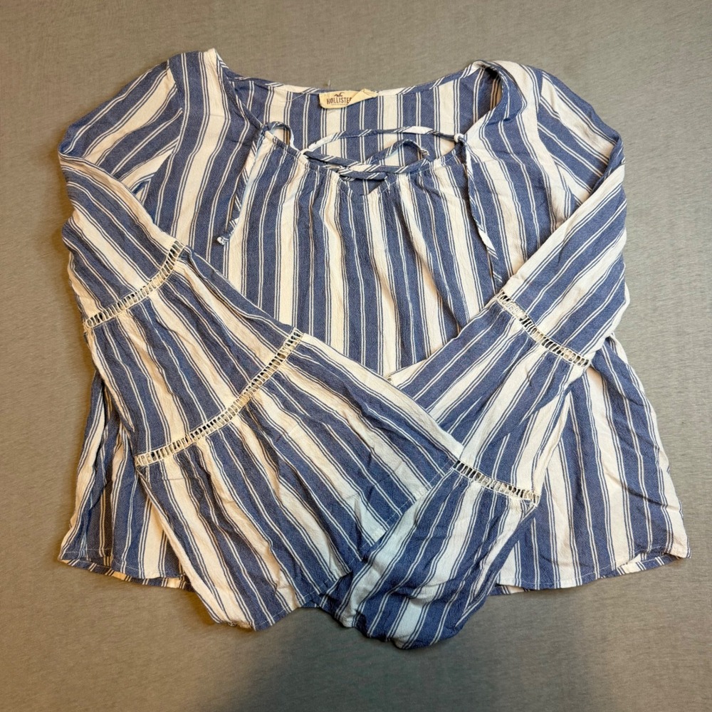 Hollister Blue White Striped Bell‎ Sleeve Lace Up Boho Blouse XS